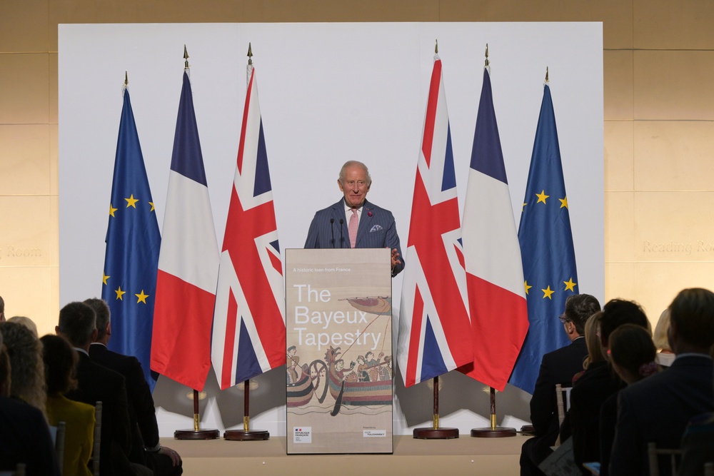 Charles speaking during the visit to see the Bayeux Tapestry (Thomas Krych/PA) (PA Wire)