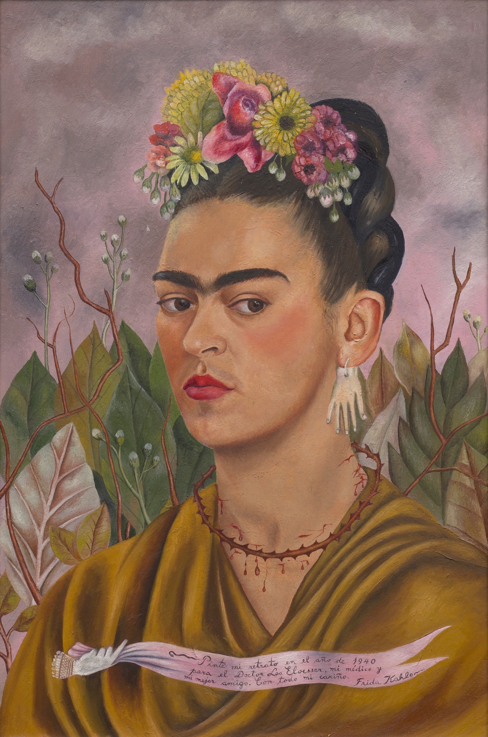 Frida Kahlo's 1940 work 'Self-Portrait Dedicated to Dr. Eloesser' stares across at Christian Bale’s Batman suit at George Lucas' museum (Lucas Museum of Narrative Art)