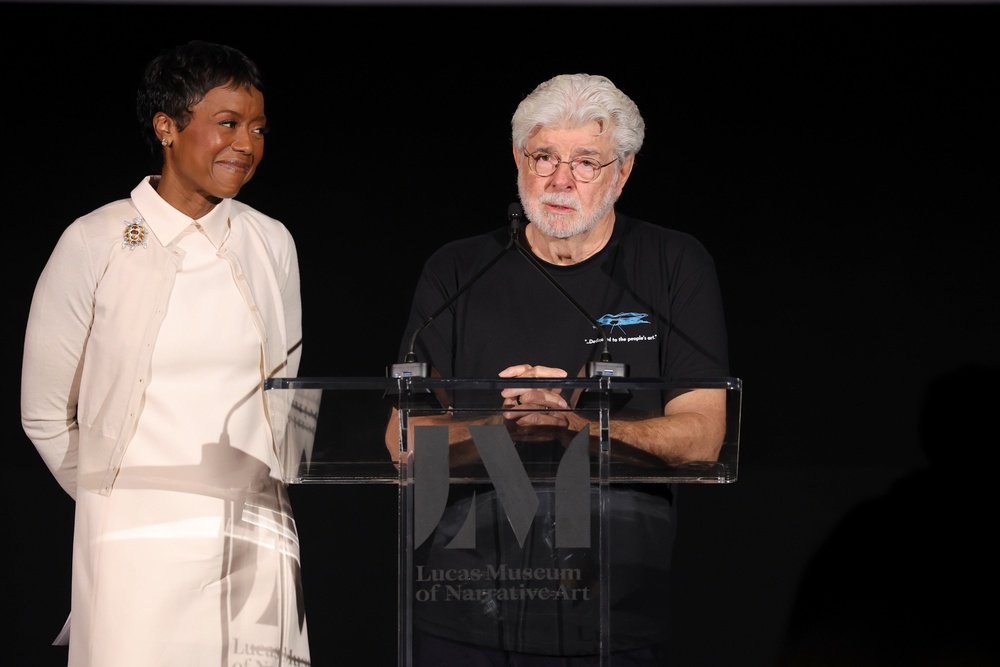 George Lucas and his wife Mellody Hobson speaking at a press preview of the Lucas Museum of Narrative Art (Stefanie Keenan/Getty Images for Lucas Museum of Narrative Art)