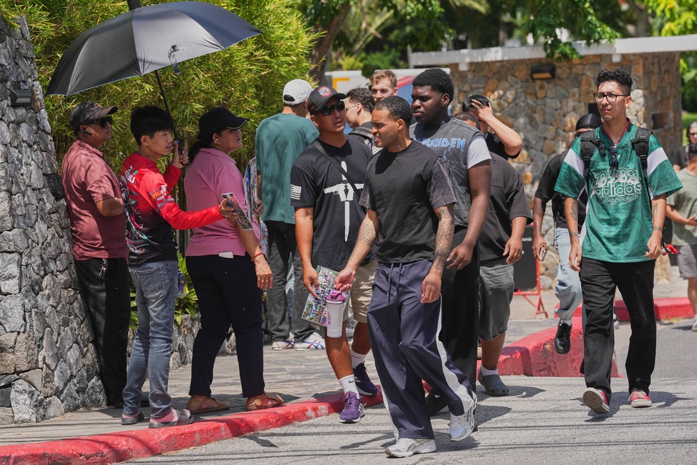 Crew members of the USS Abraham Lincoln leave a hotel in Pattaya, Thailand (AP)