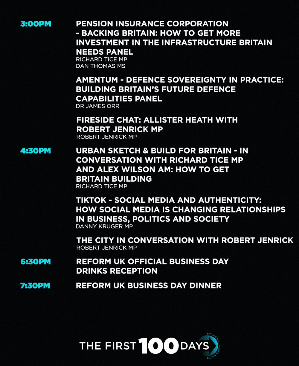 Reform's 'business day' schedule' (Reform UK)