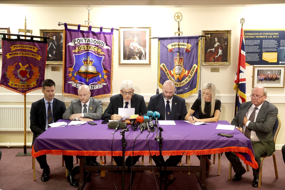 DUP MLA Jonathan Buckley, loyalist activist Jamie Bryson, Portadown District Master Nigel Dawson, Portadown deputy District Master Alastair Power, DUP MP Carla Lockhart and TUV leader Jim Allister (Liam McBurney/PA) (PA Wire)