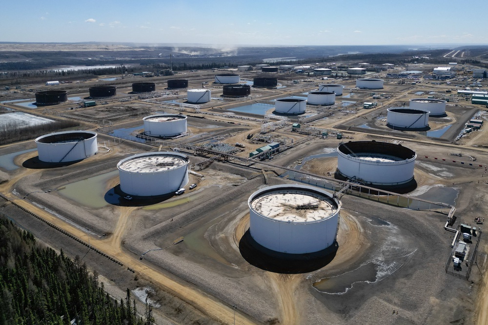 An aerial view of oil storage tanks at Fort McMurray in Alberta, Canada, on May 5, 2026. Canadian officials acknowledge significant leverage against Donald Trump in the burgeoning trade war, but weaponizing oil and gas levies could be potentially devastating for both economies (AFP/Getty)