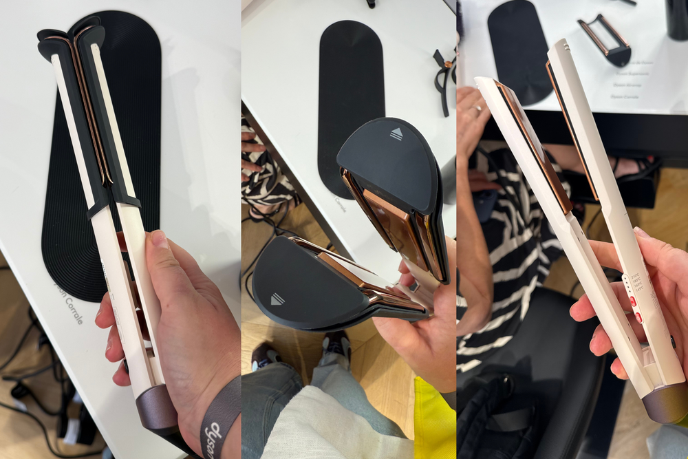 The straighteners with the cooling attachment (left), a look into the coolshine attachment and hot plates (middle), and the straighteners without the coolshine attachment (right) (Lucy Smith/The Independent)