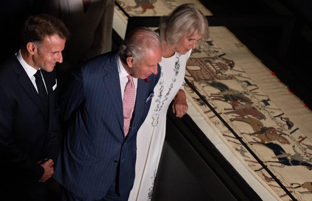 The King and Queen attended a viewing of the Bayeux Tapestry alongside Emmanuel Macron (AFP/Getty)
