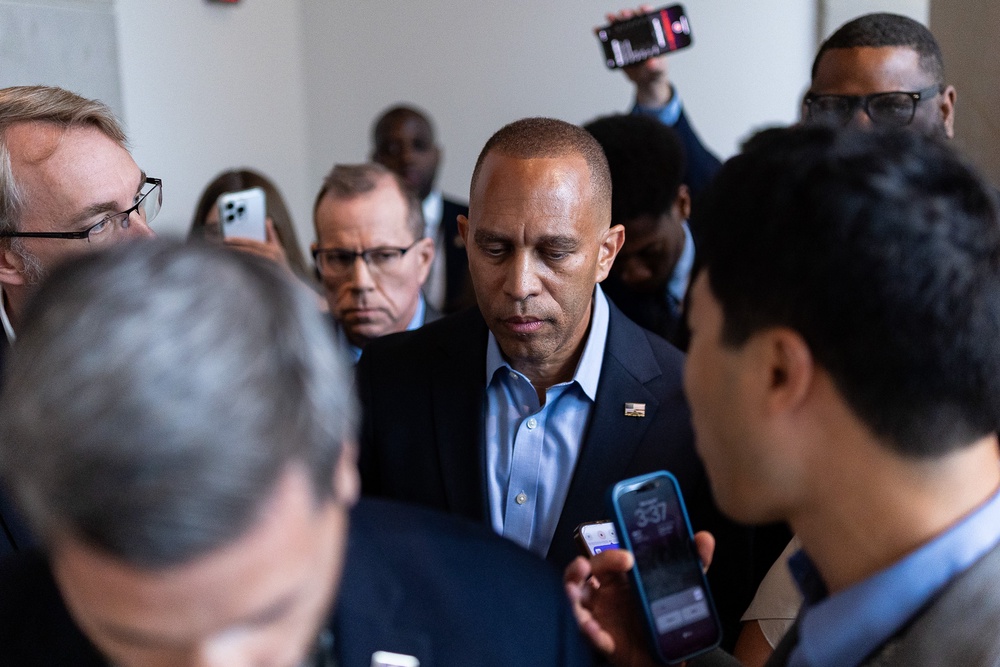 Democratic House Leader Hakeem Jeffries (D-N.Y.) faced criticism after two conservative Democrats defected on a rule to allow debate. (Getty)