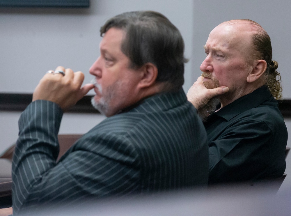 Defendant James Dolphs Elmore Jr., right, sits with his attorney, William Agnew, while listening to witness testimony during his trial in Galveston, Texas, Tuesday, Sept. 1, 2026. (Stuart Villanueva/The Galveston County Daily News via AP, Pool) (Stuart Villanueva/Pool The Galve)