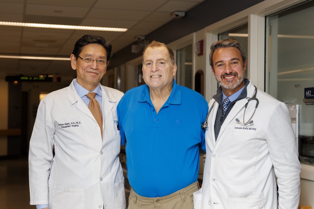 Mr Andrews with his surgeons Dr Tatsuo Kawai, left, and Dr Leonardo Riella (Kate Flock/Massachusetts General Hospital/PA) (PA Media)