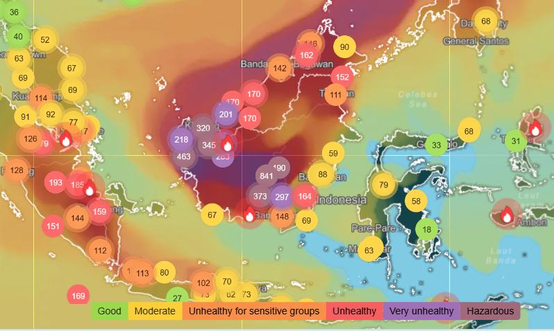 Map shows poor air quality across Indonesia and nearby countries (IQAir)
