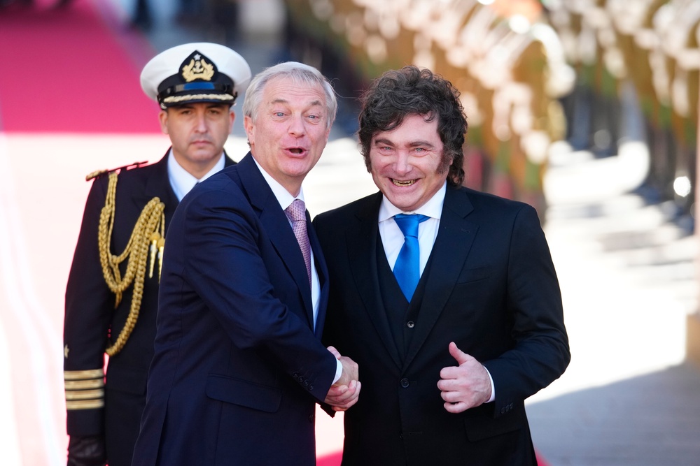 Chile’s President Jose Antonio Kast, left, shakes hands with Argentina’s President Javier Milei outside La Moneda Palace in Santiago, Chile (Esteban Felix/AP) (AP)