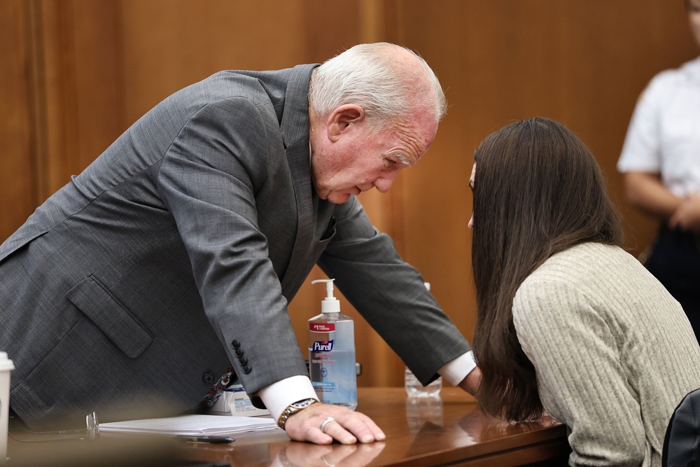Defense attorney Kevin Reddington talks with Lindsay Clancy after a jury question during her trial in Plymouth, Mass., on Thursday, Sept. 3, 2026. (Greg Derr/The Patriot Ledger via AP, Pool) (USA Today 2026)