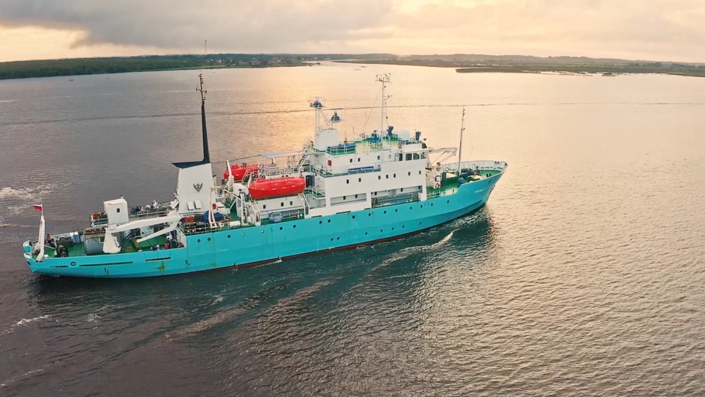 A screengrab from an archive video shot in July 2022 shows Professor Molchanov, a Russian ship which was seized by Norway in the Arctic (Reuters)