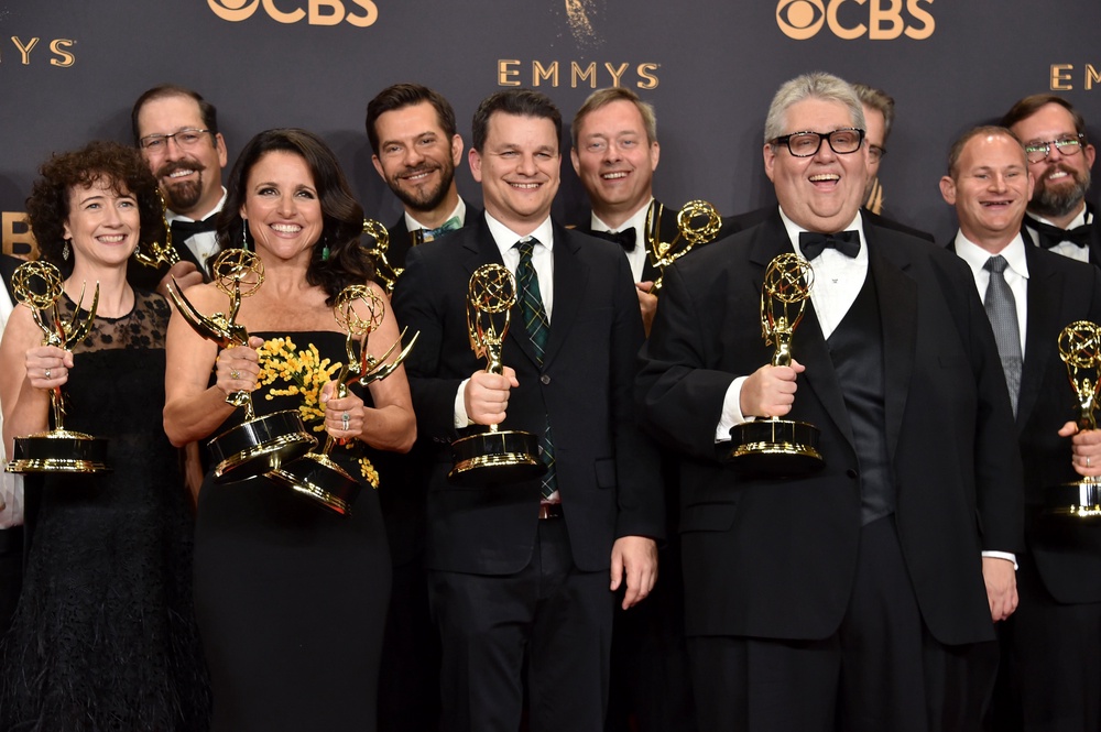 Cast and crew of ‘Veep’, winners of the award for Outstanding Comedy Series, pose in the press room during the 69th Annual Primetime Emmy Awards in 2017 (Getty)