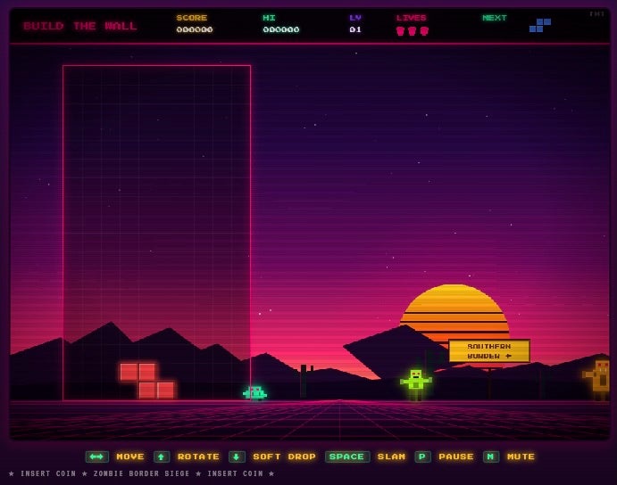 In 'Build The Wall,' players position colorful blocks to block alien-looking pixelated creatures from getting through the wall (White House)