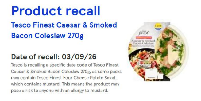 Tesco Finest Caesar & Smoked Bacon Coleslaw has been urgently recalled (Tesco)