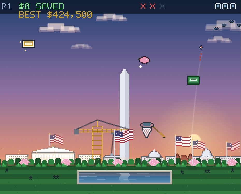 In 'Trump Savings Tycoon,' players have to swing a net to catch all the money being thrown at them (White House)