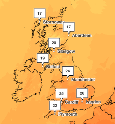 The UK will see some hot weather this weekend with highs of 26C on Sunday in London (Met Office)