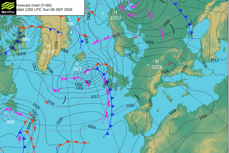 Met Office weather map shows there will be a patch of high pressure over Europe and low pressure above the UK (Met Office)