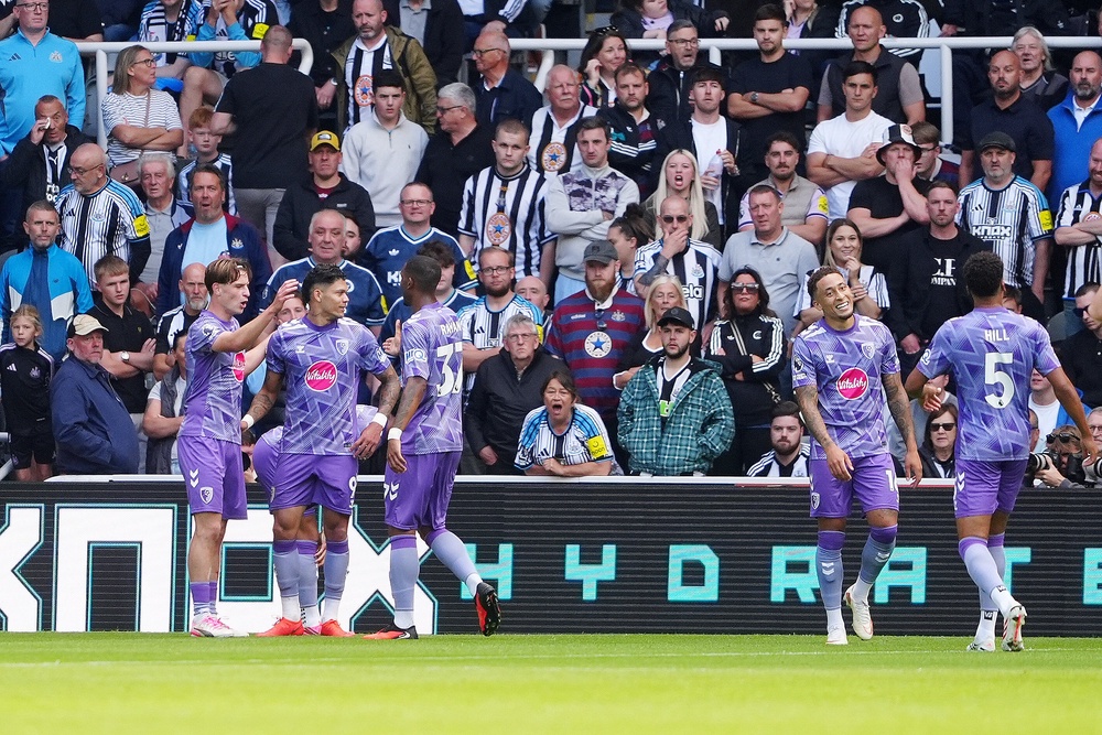 Bournemouth's Alex Scott (left) celebrates with team-mates after Newcastle United's Malick Thiaw scored an own goal (PA)
