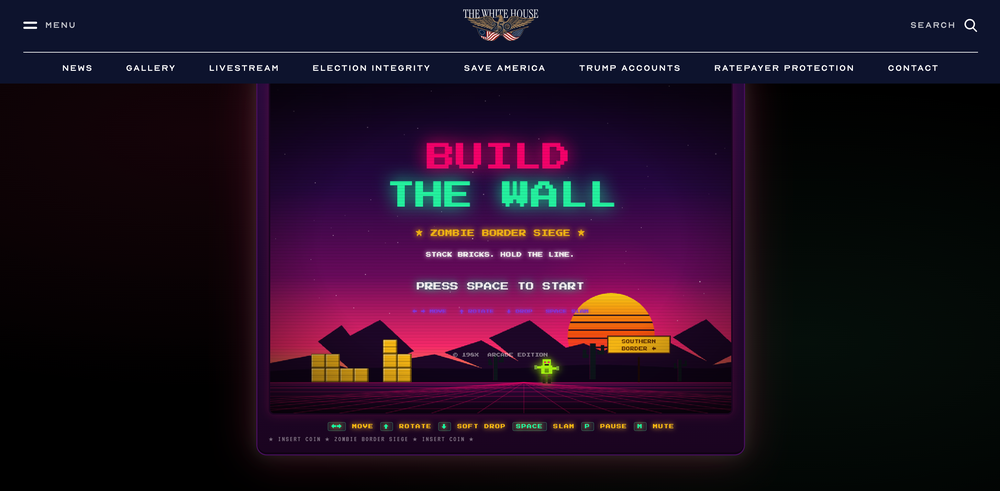 The short-lived ‘Build the Wall’ game mimicked the mechanics of the classic Tetris game. But in this version, users were tasked with constructing a barrier along the US-Mexico border to repel a ‘Zombie Border Siege’ (Whitehouse.gov)