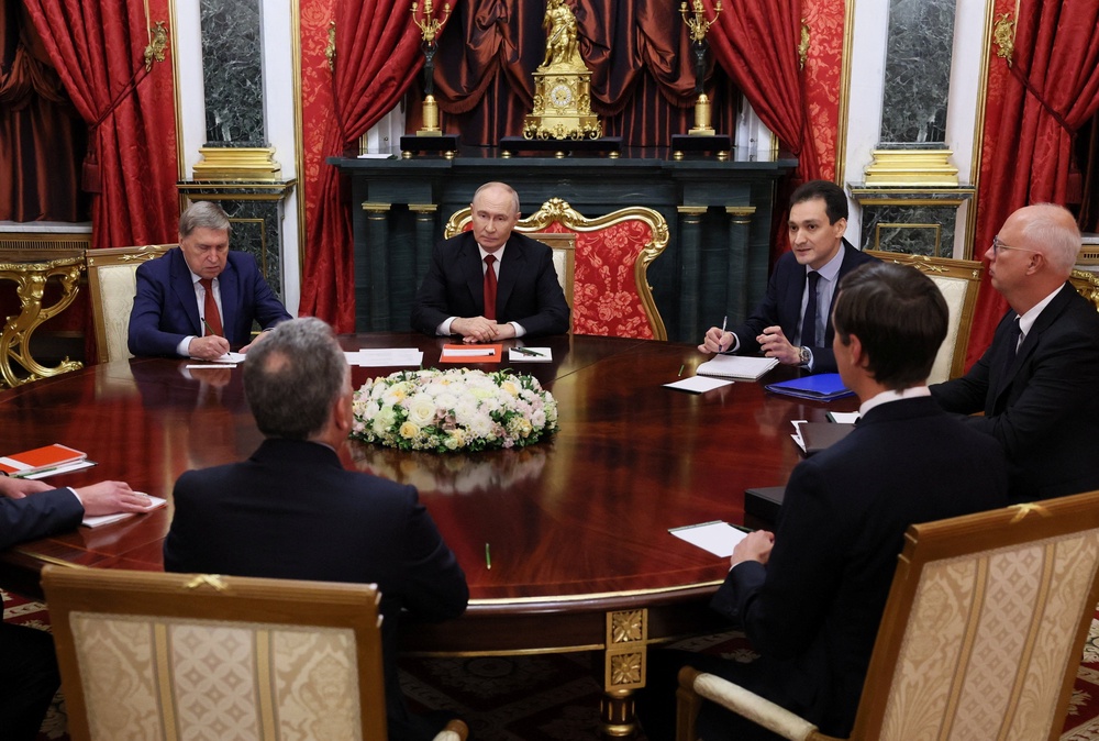 Russian president Vladimir Putin, Kremlin foreign policy adviser Yuri Ushakov, and Russian presidential envoy Kirill Dmitriev attend a meeting with US Special Envoy Steve Witkoff and Jared Kushner, US president Donald Trump's son-in-law, at the Kremlin in Moscow, Russia (Reuters)