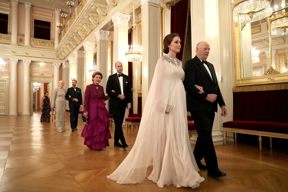 Kate is escorted into dinner by King Harald V of Norway and William is escorted by Queen Sonja of Norway at the Royal Palace in Oslo in 2018 (Chris Jackson/PA) (PA Archive)