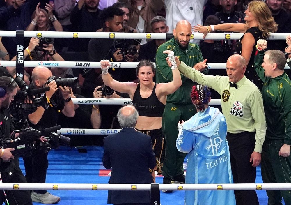 Katie Taylor is announced as the winner of her final fight (Brian Lawless/PA) (PA Wire)