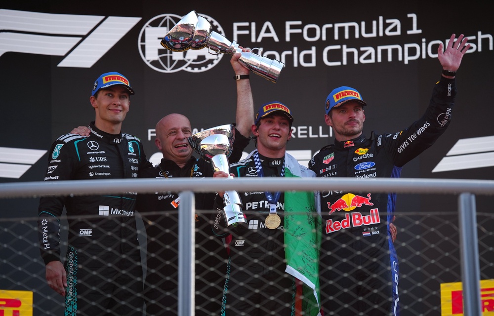 Antonelli celebrates his seventh win of the season (PA)