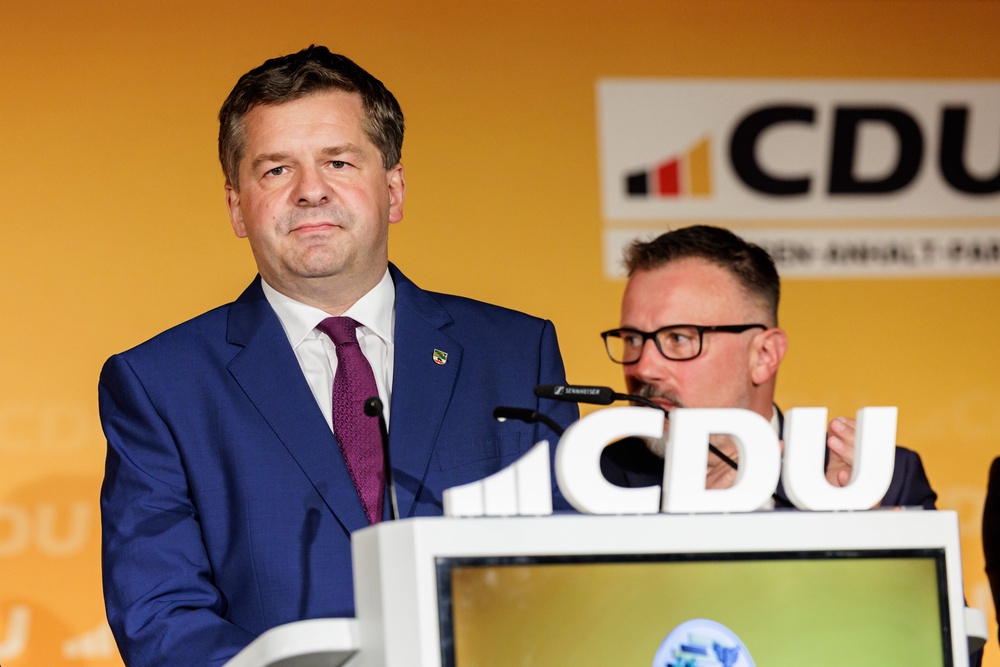 Sven Schulze, premier of Saxony-Anhalt and member of the German Christian Democratic Union (CDU) reacts to initial results in Saxony-Anhalt state elections following the closure of polling stations (Getty)
