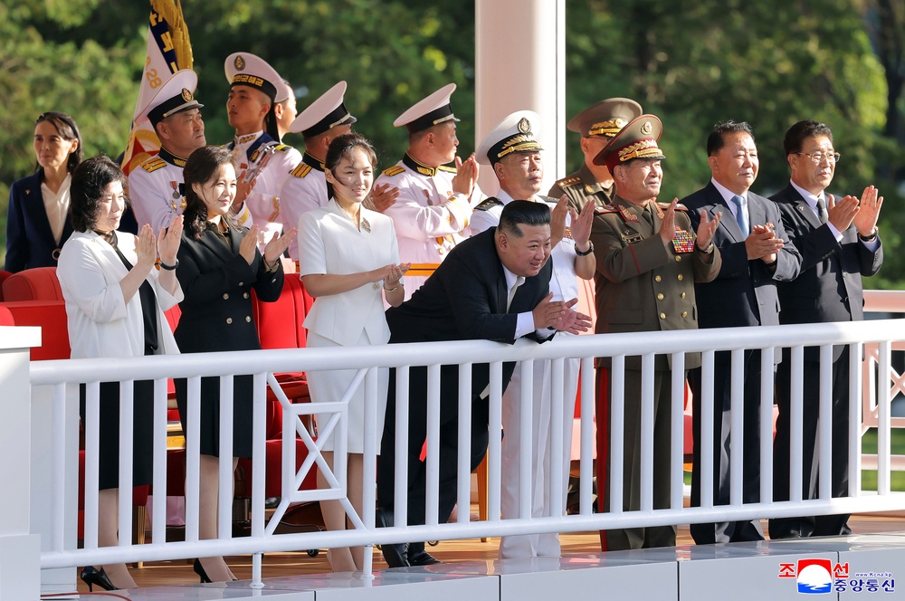 In this photo provided by the North Korean government, its leader Kim Jong Un, front centre, his daugther, third left in front, and his wife Ri Sol Ju, second left in front, attend a commissioning ceremony of a destroyer, Kang Kon at a port in Wonsan, North Korea Sunday, 6 September 2026 (AP)