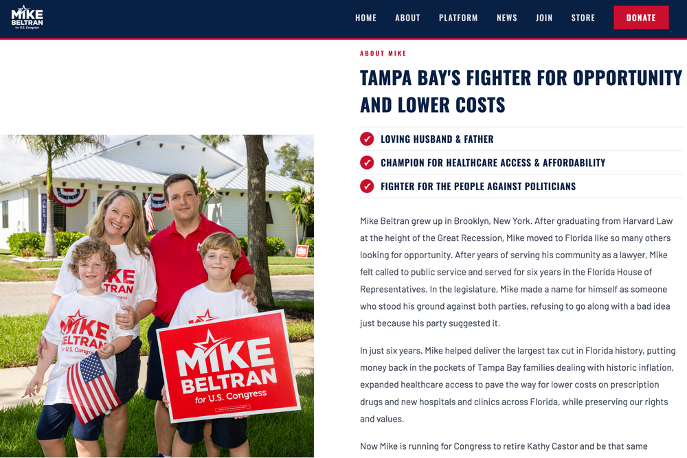 The website for Florida GOP candidate Mike Beltran reportedly previously stated that he was inspired to enter politics by Trump's 2016 presidential run (Mike Beltran for Congress)