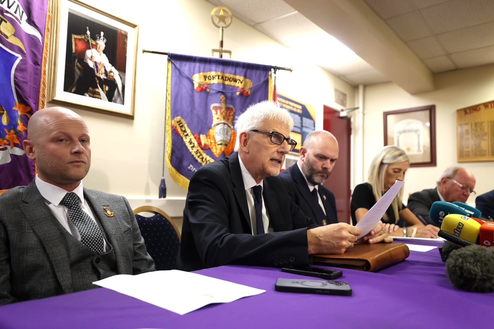 Members of the Orange Order during a press conference at Carleton Street Orange Hall in Portadown, announcing their next steps in relation to the Drumcree parade (Liam McBurney/PA) (PA Wire)