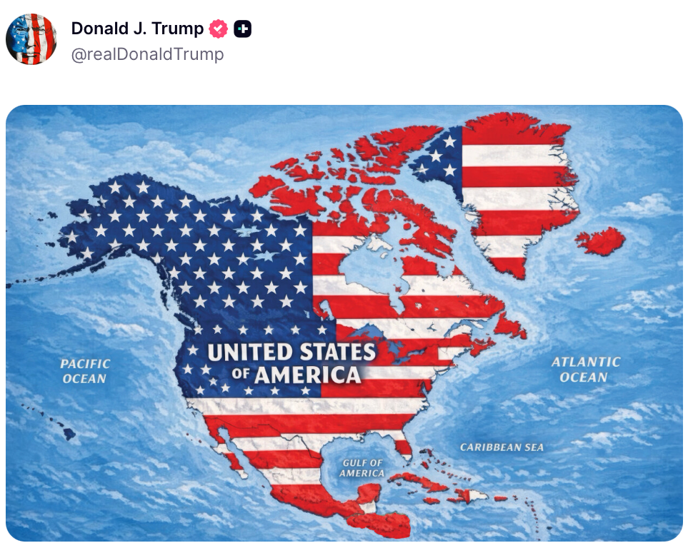President Trump posted an image of a map of the U.S. spanning all of North America, the latest in a string of provocative messages about renaming or expanding the U.S. footprint across the world (@realDonaldTrump/Truth Social)