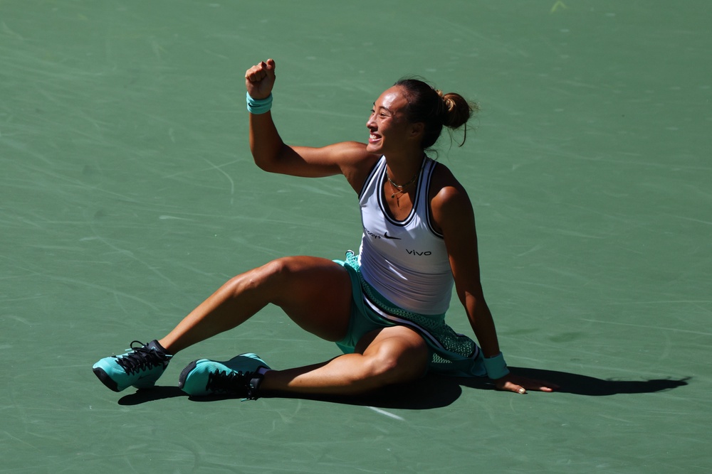 Qinwen Zheng celebrates her win (Andres Kudacki/AP) (AP)