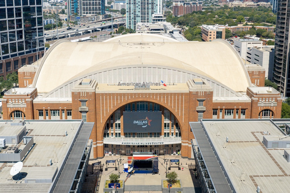In an aerial view, the American Airlines Center is seen during preparations for the Republican National Committee (RNC) Midterm Convention on September 07, 2026 in Dallas, Texas. (Getty)
