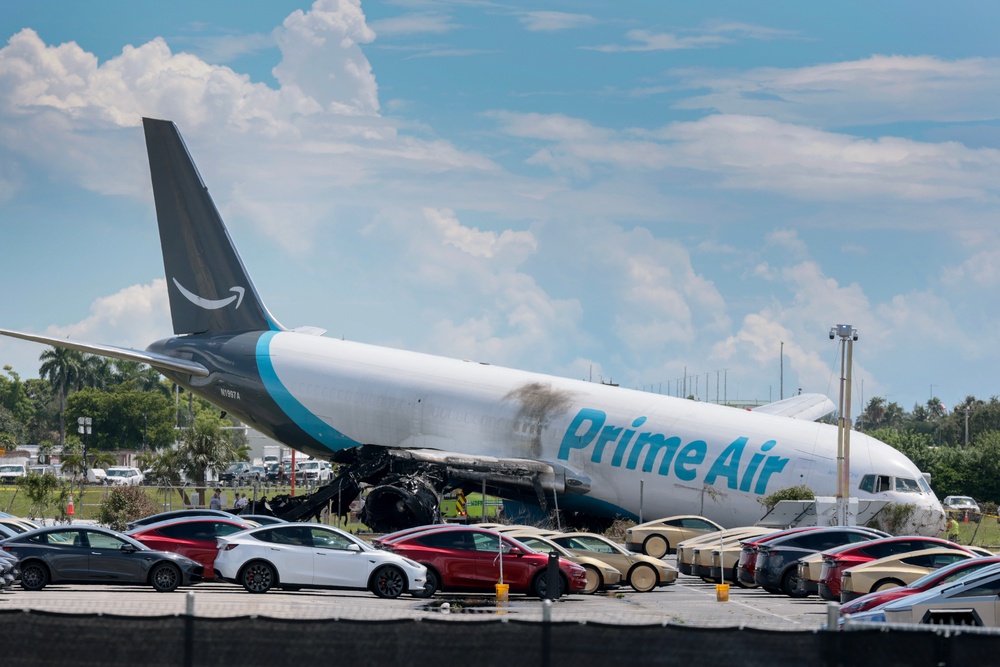 The Prime Air plane was returning to Miami when it overran the runway around 2 p.m. Sunday, crossing a road used by warehouse workers and other businesses surrounding the airport (Getty)