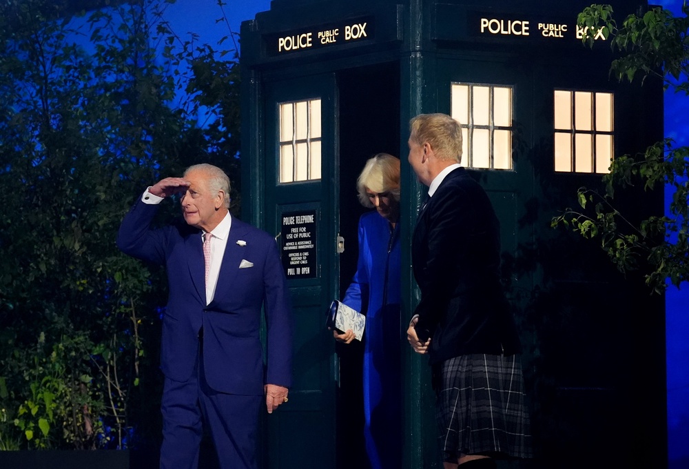 King Charles III, Queen Camilla and Sir Chris Hoy step out of Doctor Who’s Tardis as they arrive for the opening ceremony of the 2026 Commonwealth Games in Glasgow on July 23 2026 (Andrew Milligan/PA) (PA Wire)