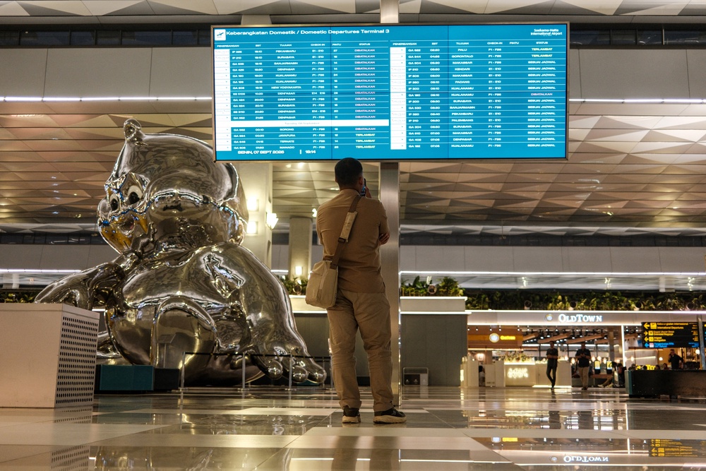 A stranded passenger looks at a flight information screen at the Soekarno-Hatta airport due to the eruption of the Mount Anak Krakatau in Tangerang (AFP/Getty)