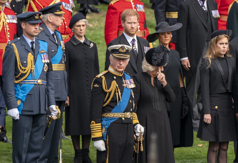 The King with the Sussexes and the royal family at the late Queen’s funeral (Jane Barlow/PA) (PA Archive)