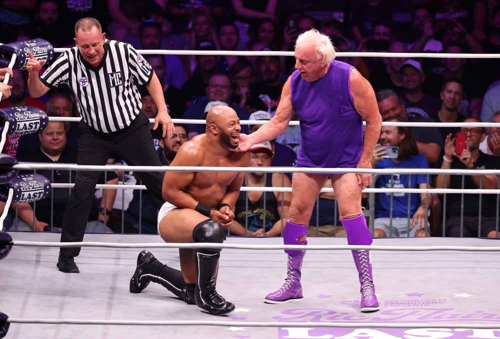 Ric Flair, seen here during his final pro wrestling match in 2022, is suing an online talent management agency over a deal he called a 'trap' (Getty Images)