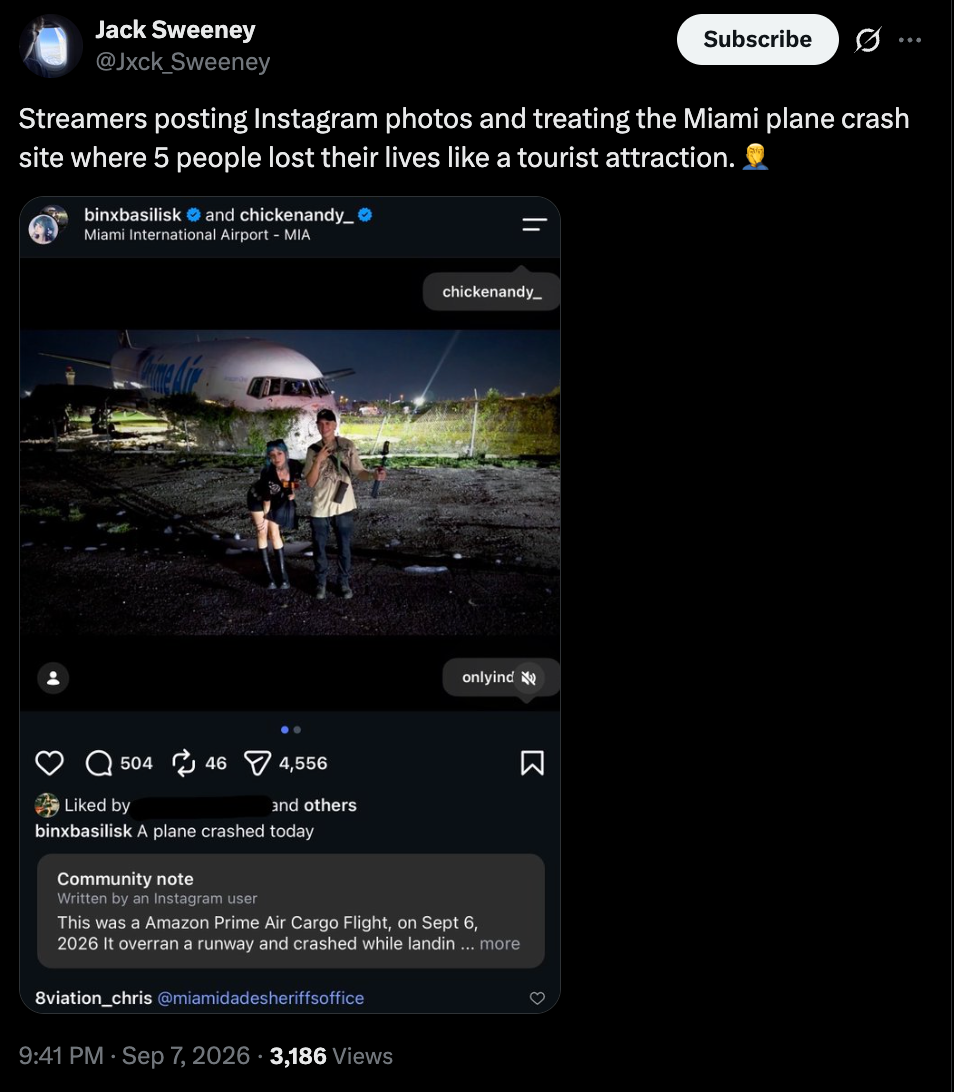 Kick streamers 'ChickenAndy' and 'BinxBasilisk' are facing criticism for posting a photo they took in front of the crashed Amazon cargo plane hours after it crashed, and resulted in the deaths of five people (X/@Jxck_Sweeney)
