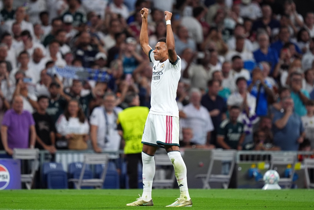 Kylian Mbappe of Real Madrid celebrates scoring his team’s first goal (Getty)