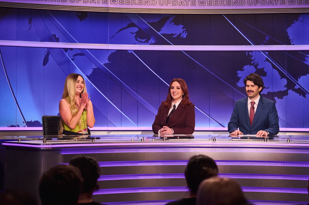 Emma Sidi, Ania Magliano and Paddy Young during the Weekend Update segment (Sky UK)