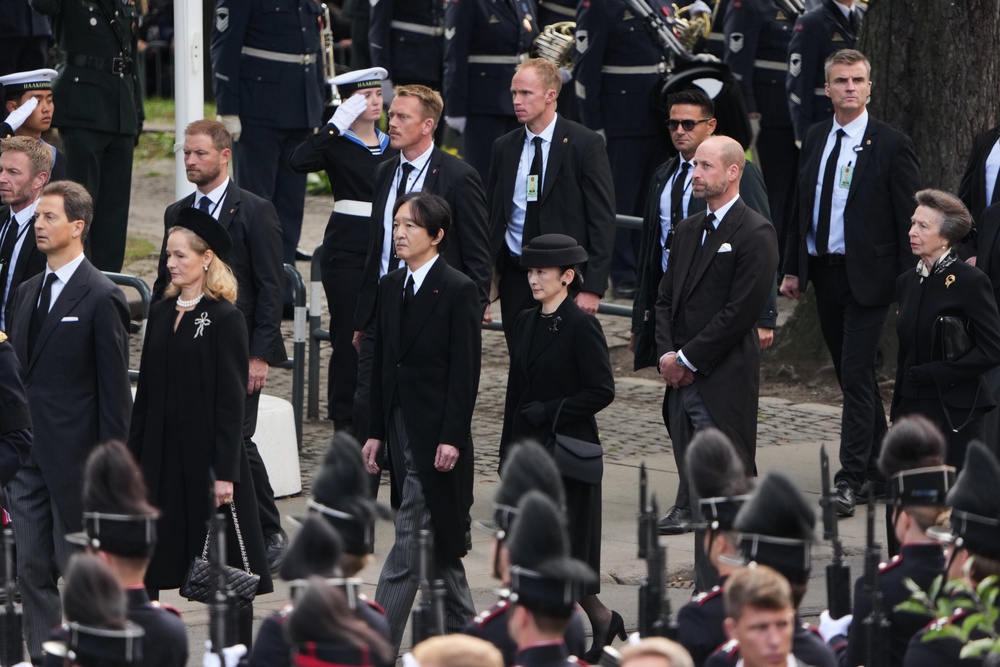 Also processing against a backdrop of sombre music by the military bands were Prince Albert II and Princess Charlene of Monaco, the Kings and Queens of Spain, Sweden, Denmark, the Netherlands and Jordan, and Japan’s Crown Prince Akishino and Crown Princess Kiko