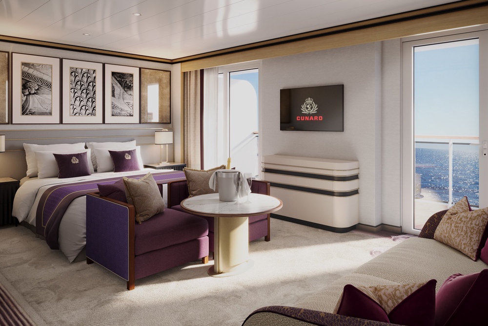Rendering of a Princess Grill Suite aboard the Queen Mary 2 after its refurbishment (Cunard)