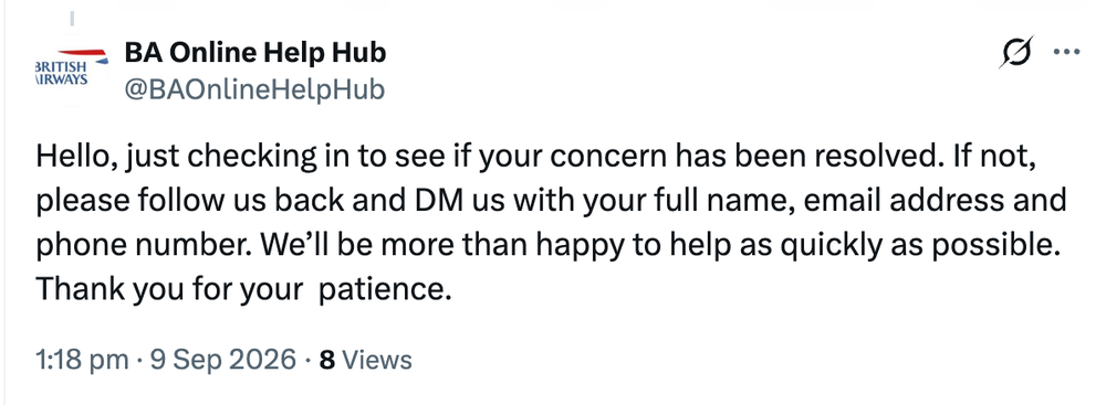 A fake BA customer service account (X)
