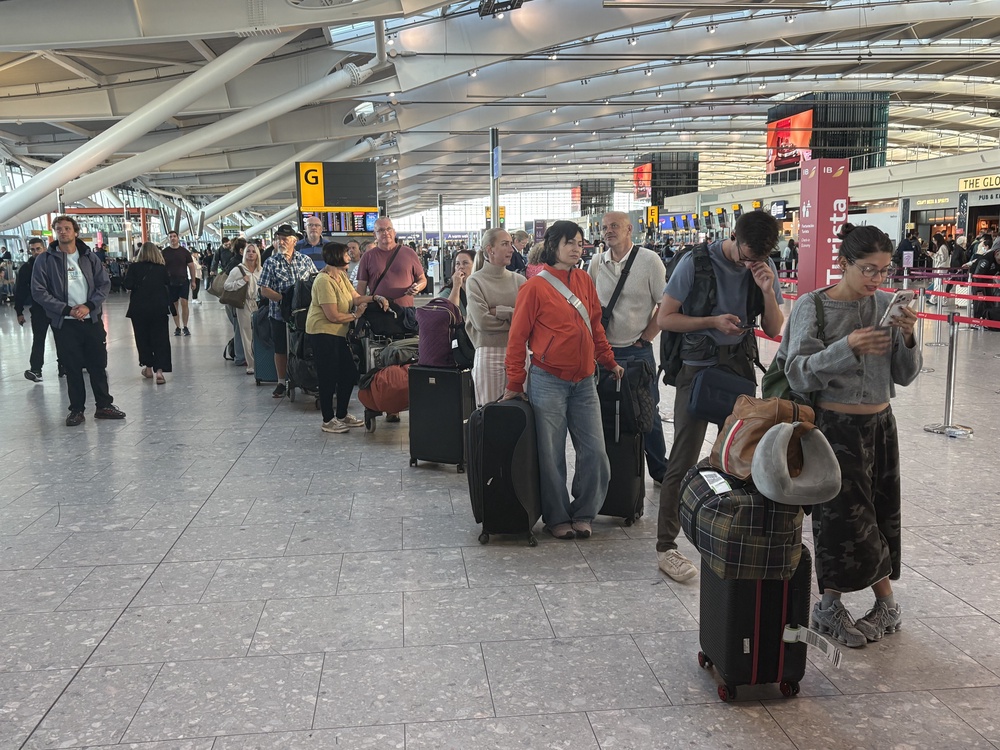 Passengers at Heathrow Airport during disruption after a system issue hit Nats, which provides air traffic control services to 15 UK airports (Jonathan Brady/PA) (PA Wire)