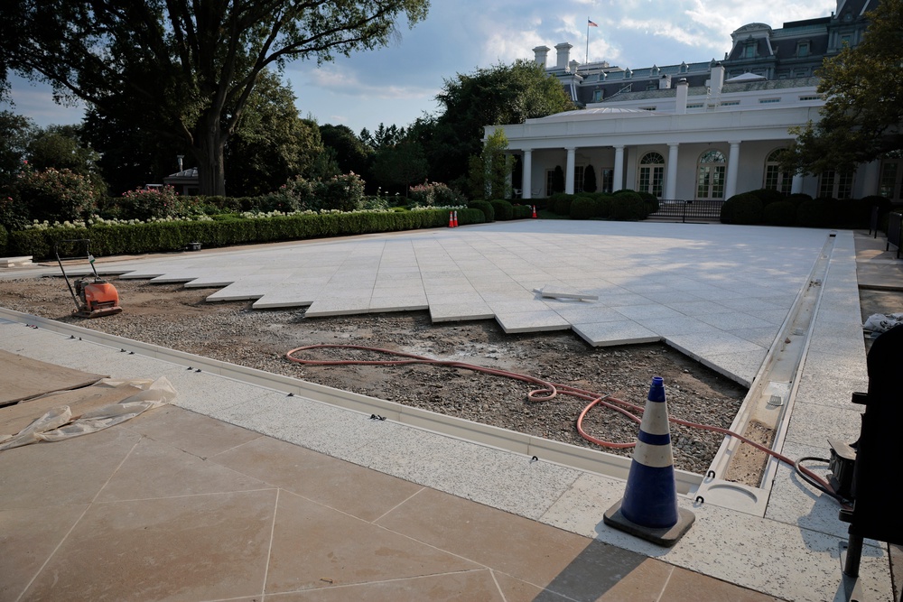 The White House Rose Garden is almost fully paved over in this photo from July 23, 2025 (Getty)