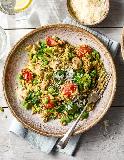 Pearled spelt, broccoli, peas, mushrooms and seeds make this risotto big on plant variety (Love Your Gut)
