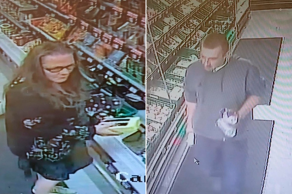 Two people police want to speak to in relation to a theft and collision at Coop shop in Paulton, Somerset. (Avon and Somerset Police)